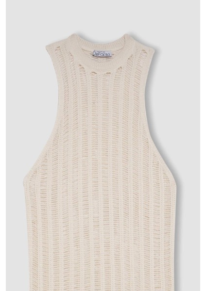 Regular Fit Bisiklet Yaka Kroşe Kolsuz Maxi Triko Plaj Elbise A7830AX24SM