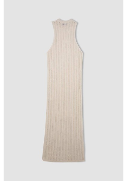 Regular Fit Bisiklet Yaka Kroşe Kolsuz Maxi Triko Plaj Elbise A7830AX24SM