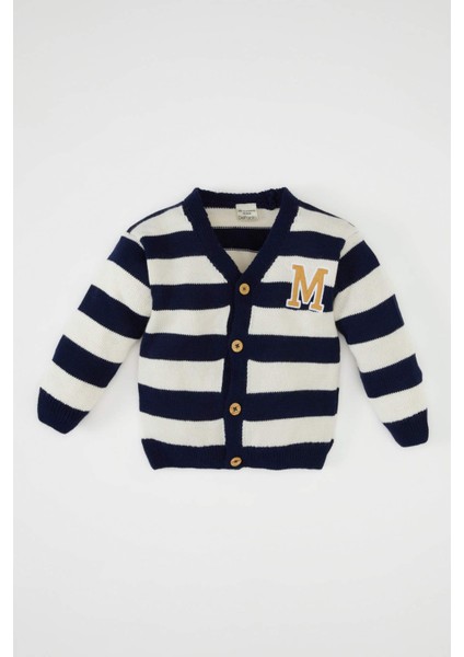 Erkek Bebek Çizgili Harf Nakışlı Düğmeli Triko Hırka C8857A524AU