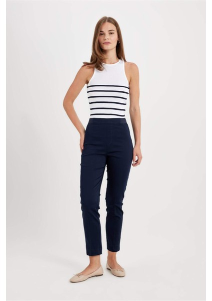 Sigaret Saten Kumaş Pantolon Lacivert Normal Bel Basic Düz Beli Lastikli Düz Paça J8743AZ24WN