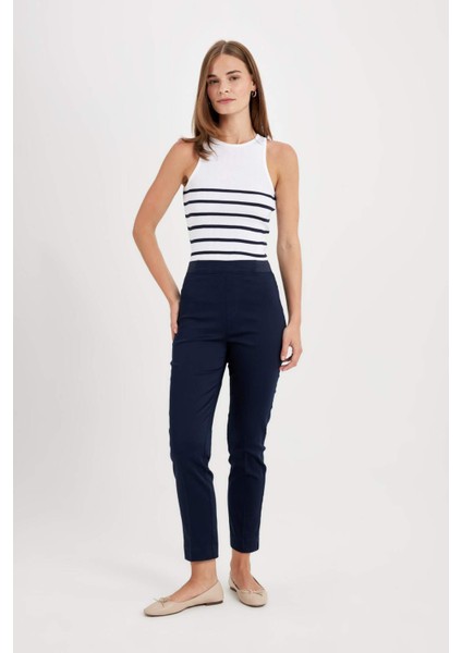 Sigaret Saten Kumaş Pantolon Lacivert Normal Bel Basic Düz Beli Lastikli Düz Paça J8743AZ24WN