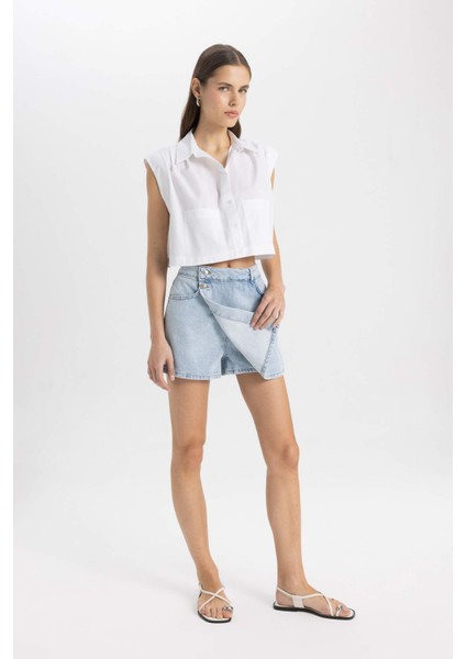 Yüksek Bel Jean Şort Etek