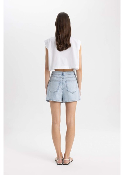 Yüksek Bel Jean Şort Etek
