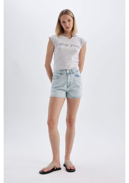 Mom Fit Yüksek Bel Dar Paça Jean Şort C0681AX24SM