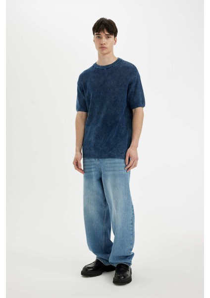 %100 Pamuk Relax Fit Bisiklet Yaka Yıkamalı Soluk Efektli Kısa Kollu Triko Tişört C7332AX24SM