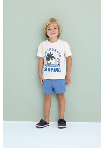 Erkek Bebek 2'li Takım Bisiklet Yaka Baskılı Kısa Kollu Tişört Şort
