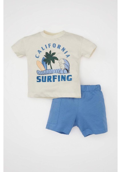 Erkek Bebek 2'li Takım Bisiklet Yaka Baskılı Kısa Kollu Tişört Şort