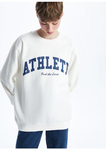 Xsıde Actıve Beyaz Bisiklet Yaka Baskılı Kadın Sweatshirt