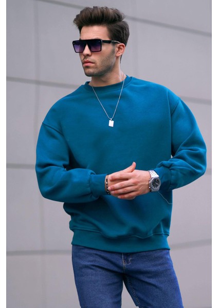 Petrol Mavi Bisiklet Yaka Oversize Şardonlu Basic Erkek Sweatshirt 6048