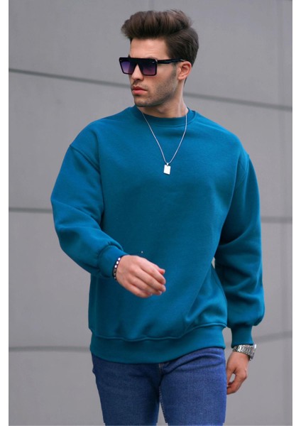Petrol Mavi Bisiklet Yaka Oversize Şardonlu Basic Erkek Sweatshirt 6048 fiyatları