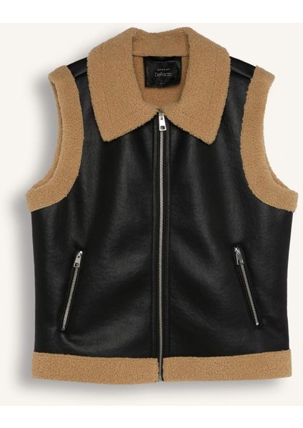 Su Geçirmez Regular Kalıp İçi Suni Kürklü Fermuarlı Suni Deri Yelek B2434AX24WN