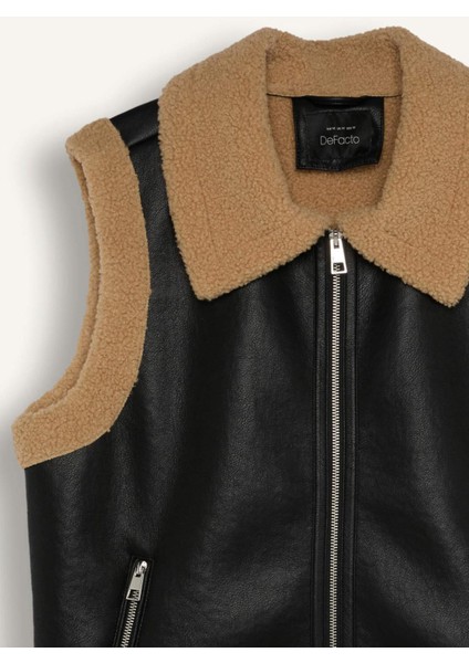 Su Geçirmez Regular Kalıp İçi Suni Kürklü Fermuarlı Suni Deri Yelek B2434AX24WN