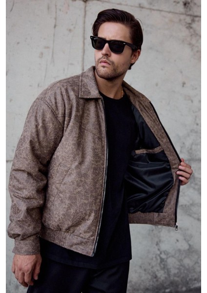 Tica Beli Lastikli Damarlı Oversize Erkek Deri Görünümlü Mont Ceket