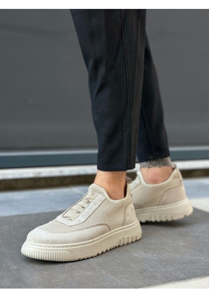 Bağcıksız Lastik Detaylı Triko Erkek Hi Sneaker Bej (Bej Taban)