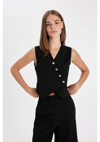 Asimetrik V Yaka Çizgili Blazer Yelek C8848AX24AU