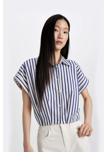 Crop Çizgili Kısa Kollu Poplin Gömlek C8748AX24SM