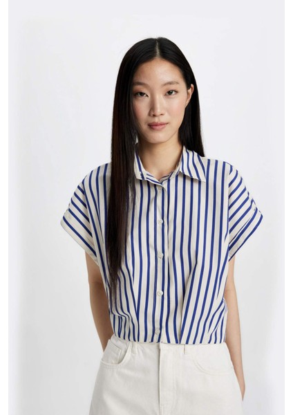 Crop Çizgili Kısa Kollu Poplin Gömlek C8748AX24SM