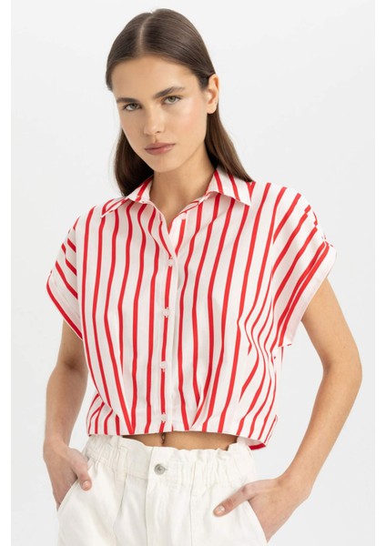 Crop Çizgili Kısa Kollu Poplin Gömlek C8748AX24SM