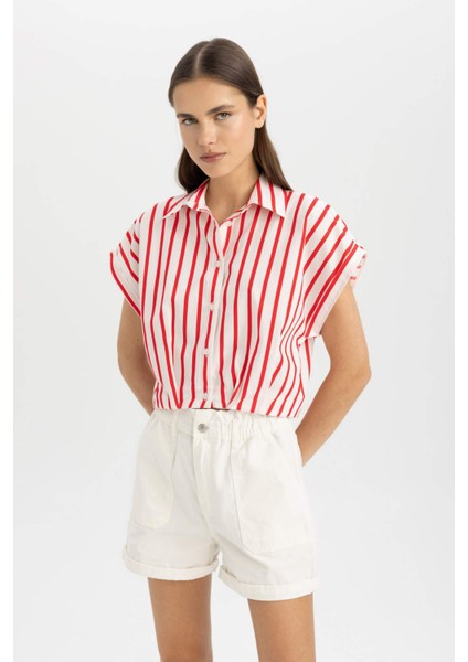 Crop Çizgili Kısa Kollu Poplin Gömlek C8748AX24SM