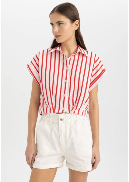 Crop Çizgili Kısa Kollu Poplin Gömlek C8748AX24SM