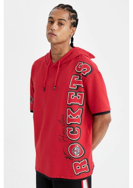 Fit NBA Houston Rockets Kırmızı Oversize Geniş Kalıp Kapüşonlu Kısa Kollu Tişört C9277AX24AU