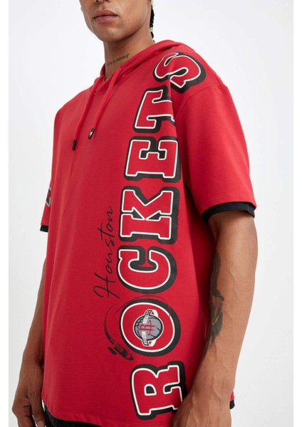 Fit NBA Houston Rockets Kırmızı Oversize Geniş Kalıp Kapüşonlu Kısa Kollu Tişört C9277AX24AU