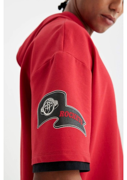 Fit NBA Houston Rockets Kırmızı Oversize Geniş Kalıp Kapüşonlu Kısa Kollu Tişört C9277AX24AU