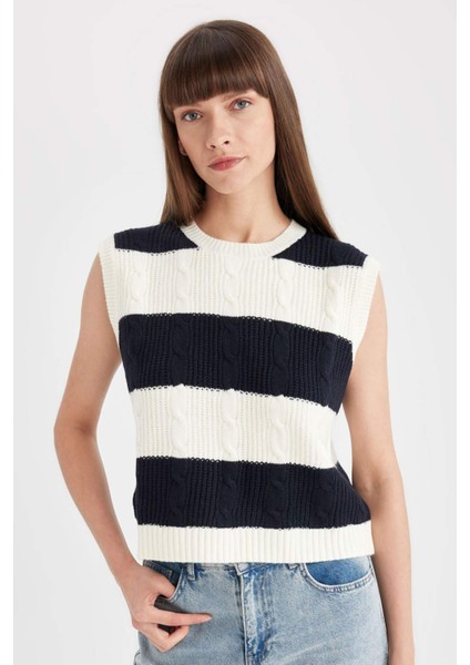 Regular Fit Çizgili Bisiklet Yaka Triko Süveter C9042AX24WN