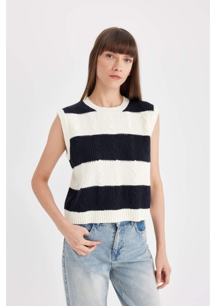 Regular Fit Çizgili Bisiklet Yaka Triko Süveter C9042AX24WN