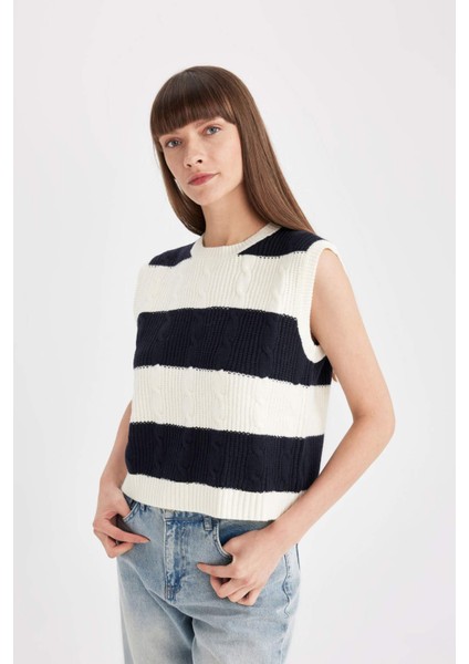 Regular Fit Çizgili Bisiklet Yaka Triko Süveter C9042AX24WN