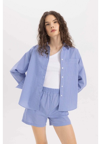 Oversize Geniş Kalıp Çizgili Poplin Uzun Kollu Gömlek C8751AX24SM