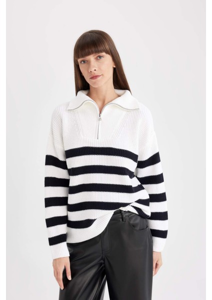 Relax Fit Çizgili Yarım Fermuarlı Selanik Kumaş Triko Kazak C9040AX24WN