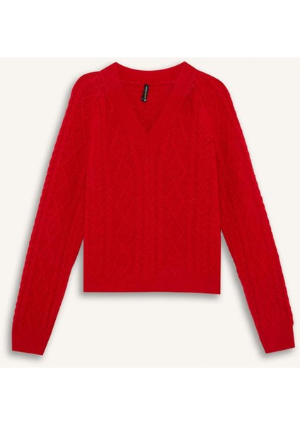 Relax Fit V Yaka Saç Örgülü Triko Kırmızı Kazak C9060AX24WN