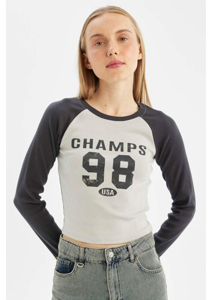 Antrasit Coool Fitted Bisiklet Yaka Fitilli Kaşkorse Baskılı Uzun Kollu Tişört C7926AX24AU