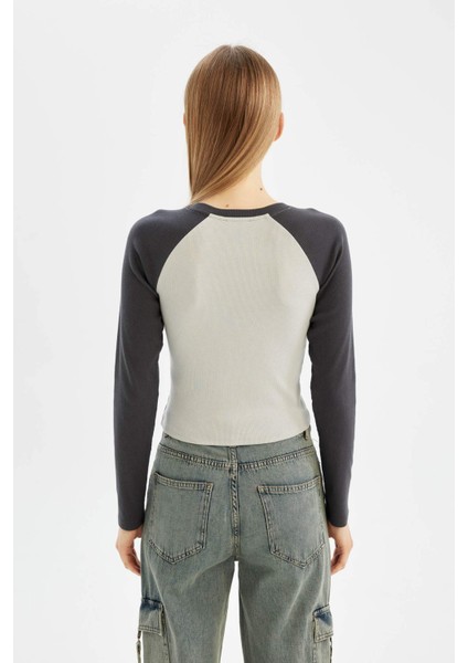 Antrasit Coool Fitted Bisiklet Yaka Fitilli Kaşkorse Baskılı Uzun Kollu Tişört C7926AX24AU