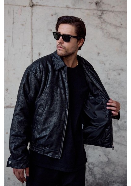 Tica Beli Lastikli Damarlı Oversize Erkek Deri Görünümlü Mont Ceket