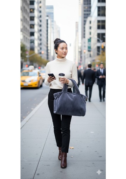 Grey Juicy Tote Kadın Peluş Omuz Çantası (40*30)