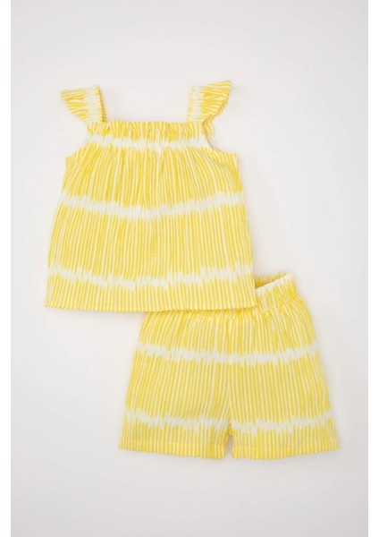 Kız Bebek 2'li Takım Çizgili Krinkıl Askılı Bluz Beli Lastikli Şort C9482A524SM
