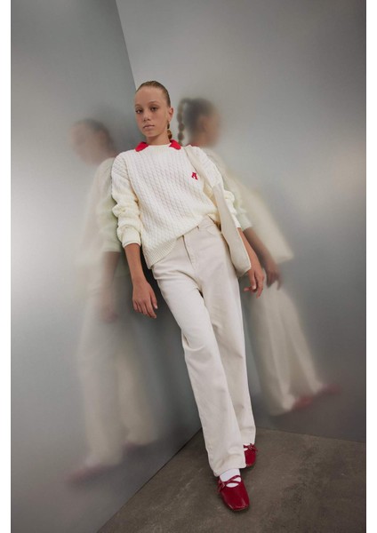 Kız Çocuk Straight Fit Geniş Bol Paça Cepli Pamuklu Bej Okul Pantolonu C9471A824AU