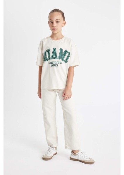 Kız Çocuk Straight Fit Geniş Bol Paça Cepli Pamuklu Bej Okul Pantolonu C9471A824AU