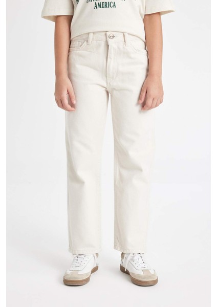 Kız Çocuk Straight Fit Geniş Bol Paça Cepli Pamuklu Bej Okul Pantolonu C9471A824AU
