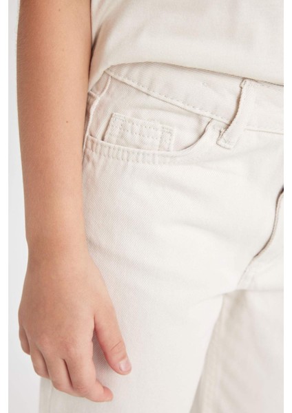 Kız Çocuk Straight Fit Geniş Bol Paça Cepli Pamuklu Bej Okul Pantolonu C9471A824AU