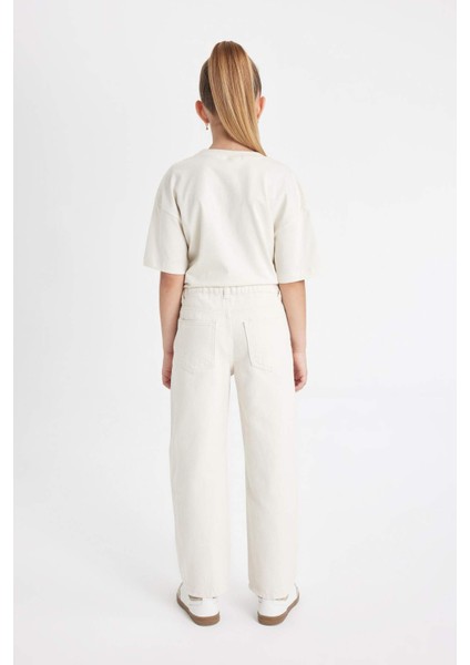 Kız Çocuk Straight Fit Geniş Bol Paça Cepli Pamuklu Bej Okul Pantolonu C9471A824AU