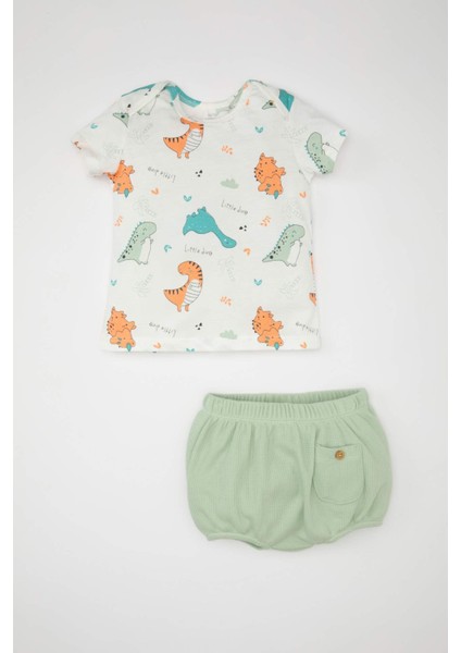 Erkek Bebek 2'li Takım Dinazor Desenli Waffle Kısa Kollu Tişört Üst Beli Lastikli Şort Alt