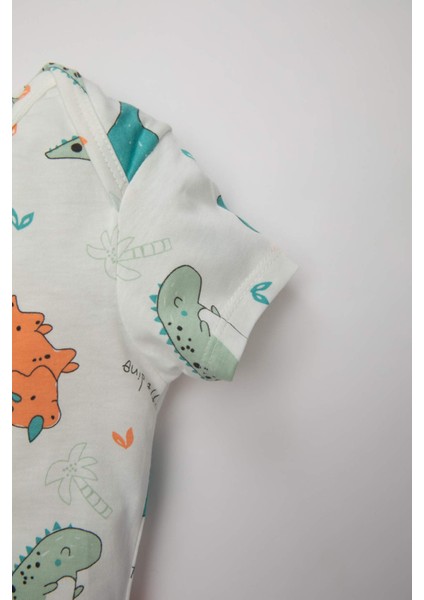 Erkek Bebek 2'li Takım Dinazor Desenli Waffle Kısa Kollu Tişört Üst Beli Lastikli Şort Alt