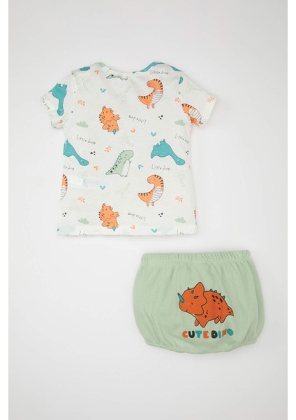 Erkek Bebek 2'li Takım Dinazor Desenli Waffle Kısa Kollu Tişört Üst Beli Lastikli Şort Alt