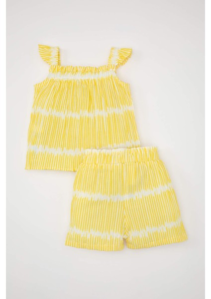 Kız Bebek 2'li Takım Çizgili Krinkıl Askılı Bluz Beli Lastikli Şort C9482A524SM