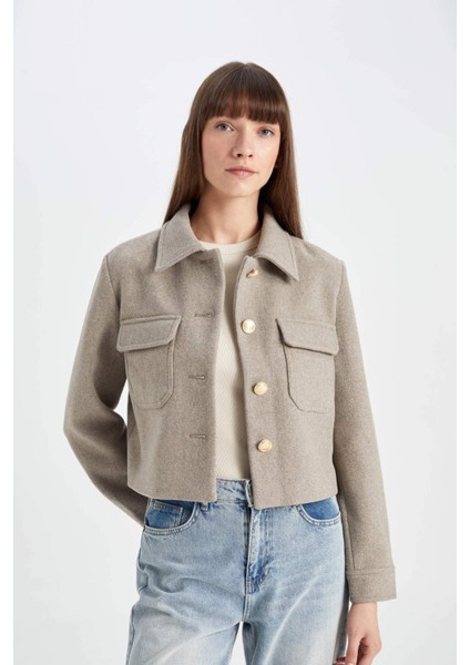 Kısa Kaşe Mont Regular Fit Polo Yaka Düğmeli Cepli Yünlü C9644AX24WN