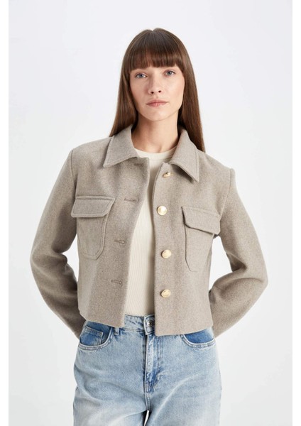 Kısa Kaşe Mont Regular Fit Polo Yaka Düğmeli Cepli Yünlü C9644AX24WN