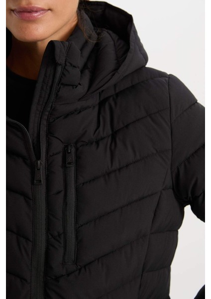 Fit Su Geçirmez Çıkarılabilir Kapüşonlu Fermuar Kapamalı Cepli Uzun Şişme Mont C6035AX24WN